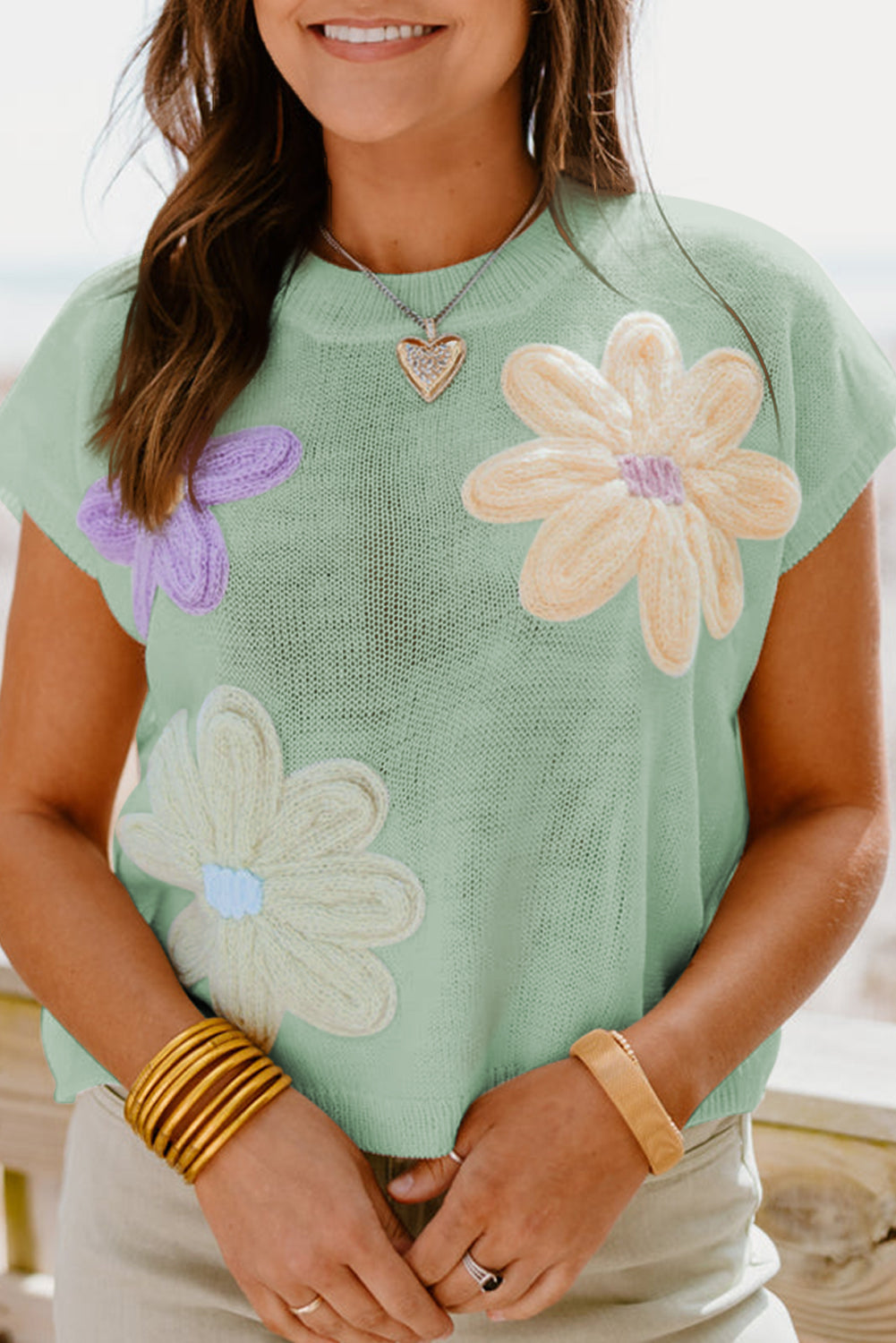 Moonlight Jade Multi Crochet Flower Knit Short Sleeve Sweater Top eAura