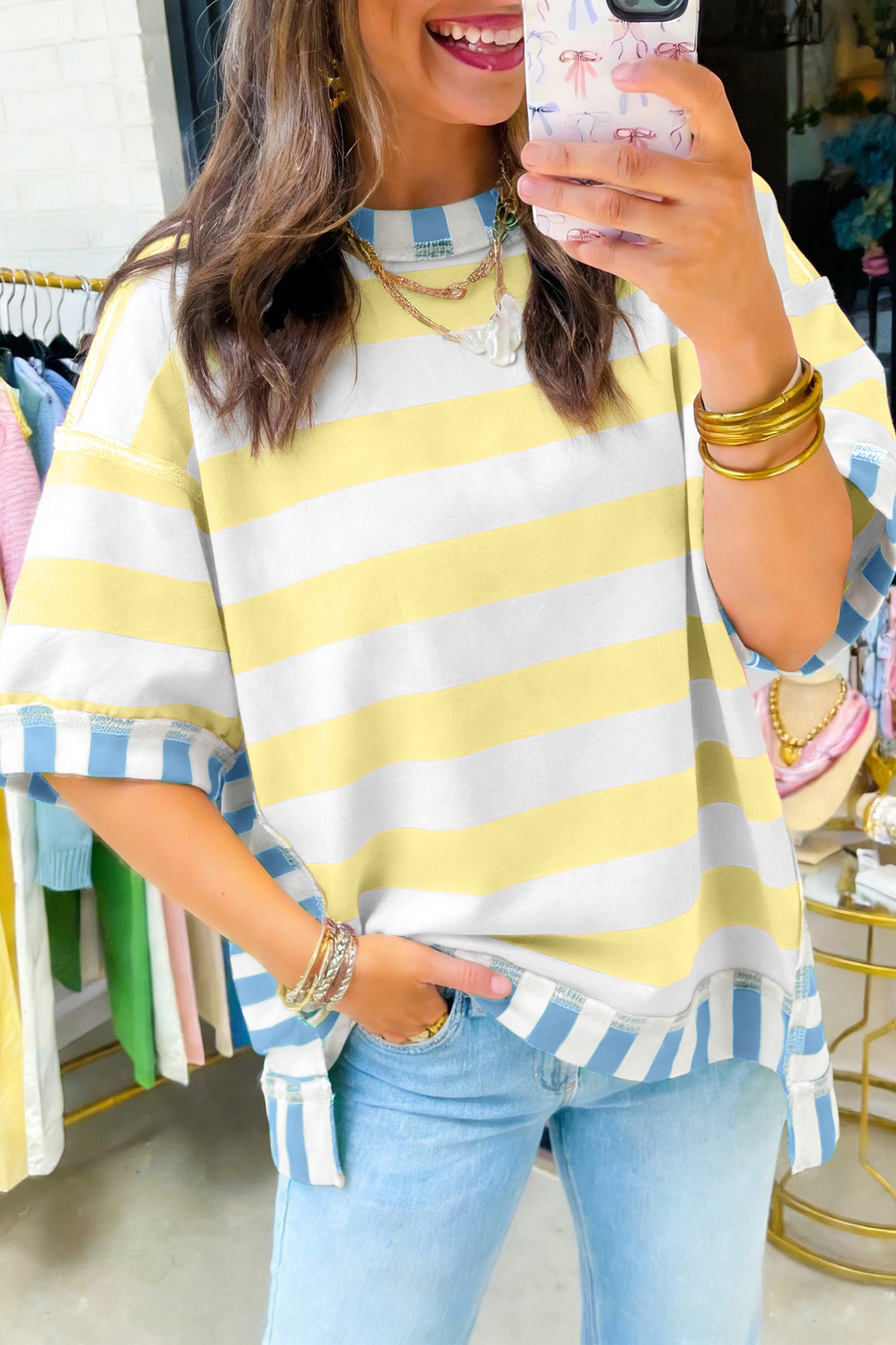 Exposed Seam Contrast Patchwork Oversized Top – Pink Stripe