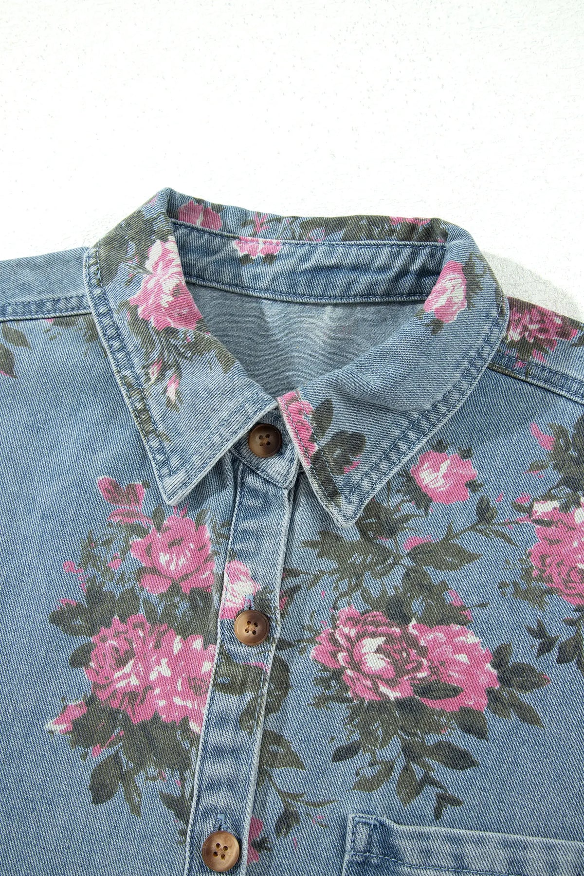 Sky Blue Floral Print Raw Seam Ruffle Hem Denim Jacket – Light Blue