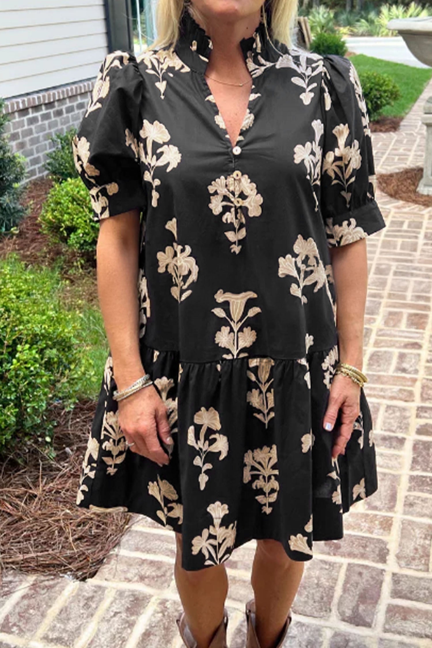 Floral Frill V-Neck Puff Sleeve Drop Waist Mini Dress