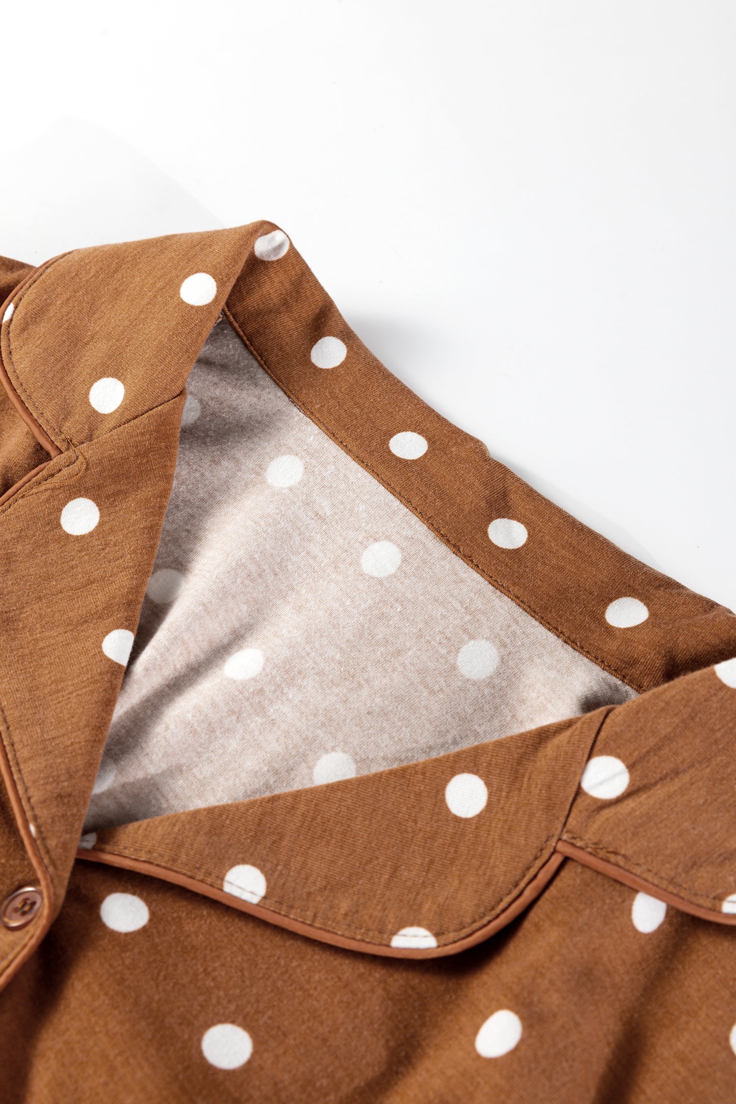 Brown Polka Dot Print Long Sleeve Shirt Pyjama Set - eAura