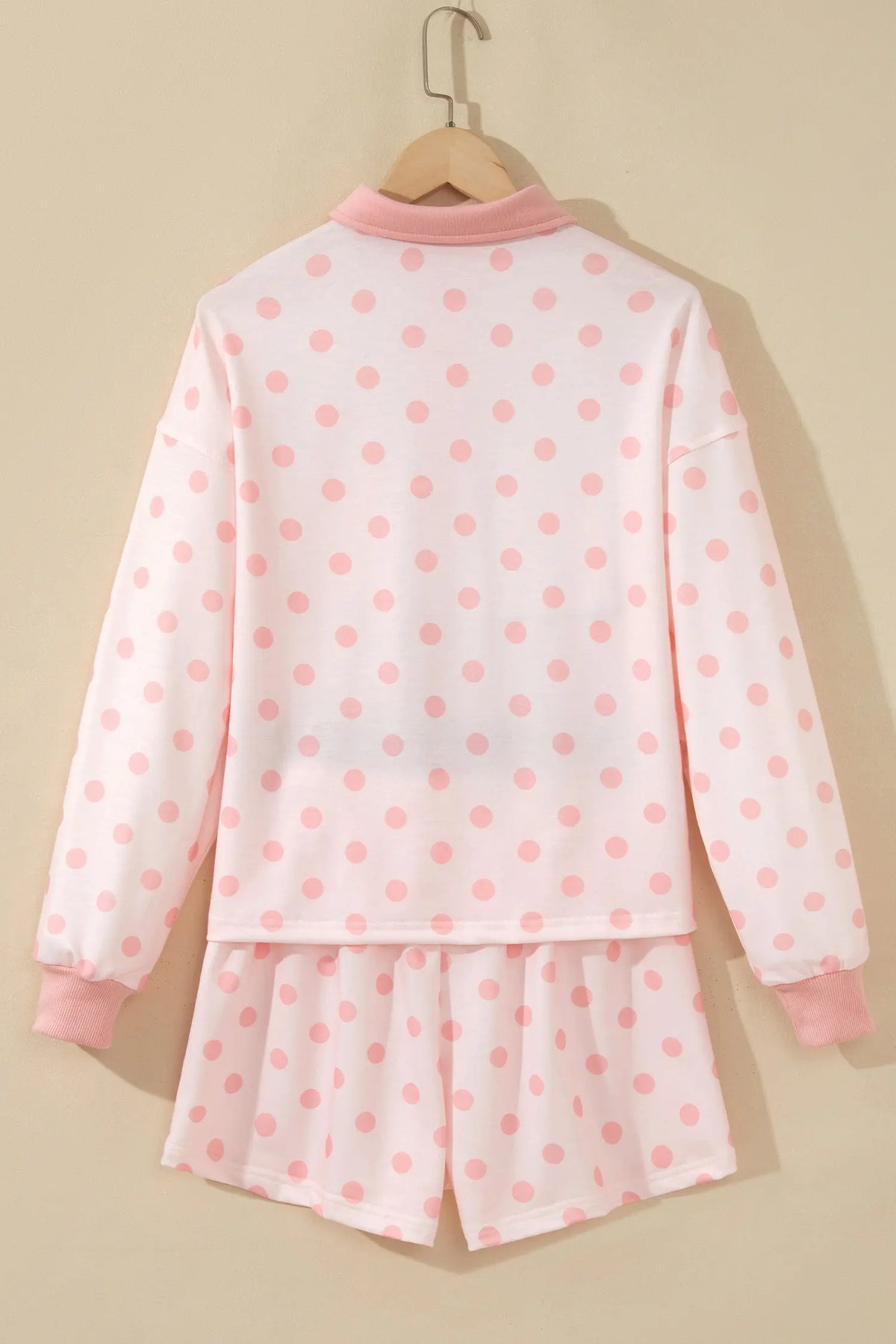 Polka Dot Drop Shoulder Polo Loose Pullover Patch Pocket Casual Shorts Set – Pink