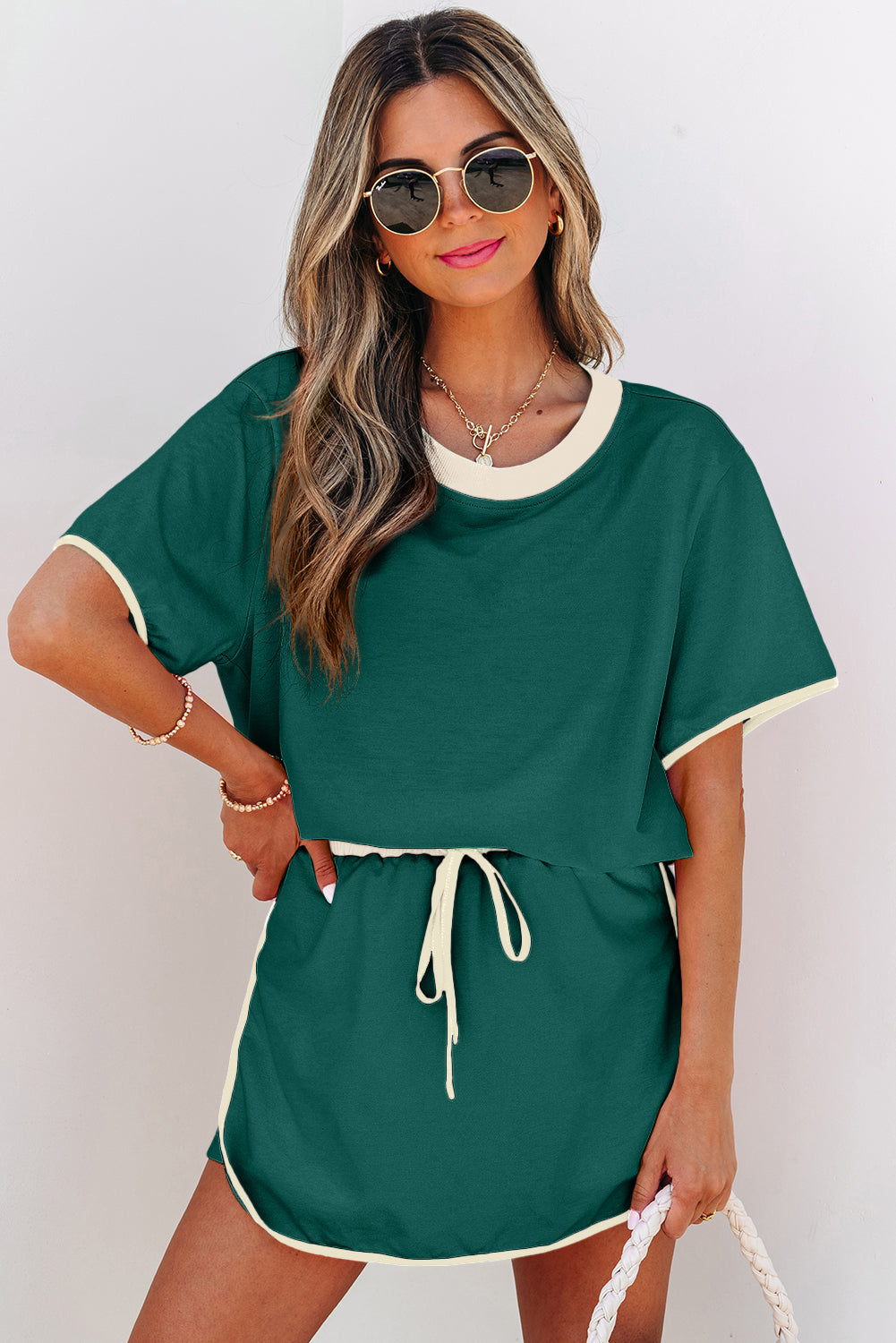 Evergreen Colourblock Edge Drop Shoulder T Shirt and Skirt 2Pcs Set Co-ord eAura