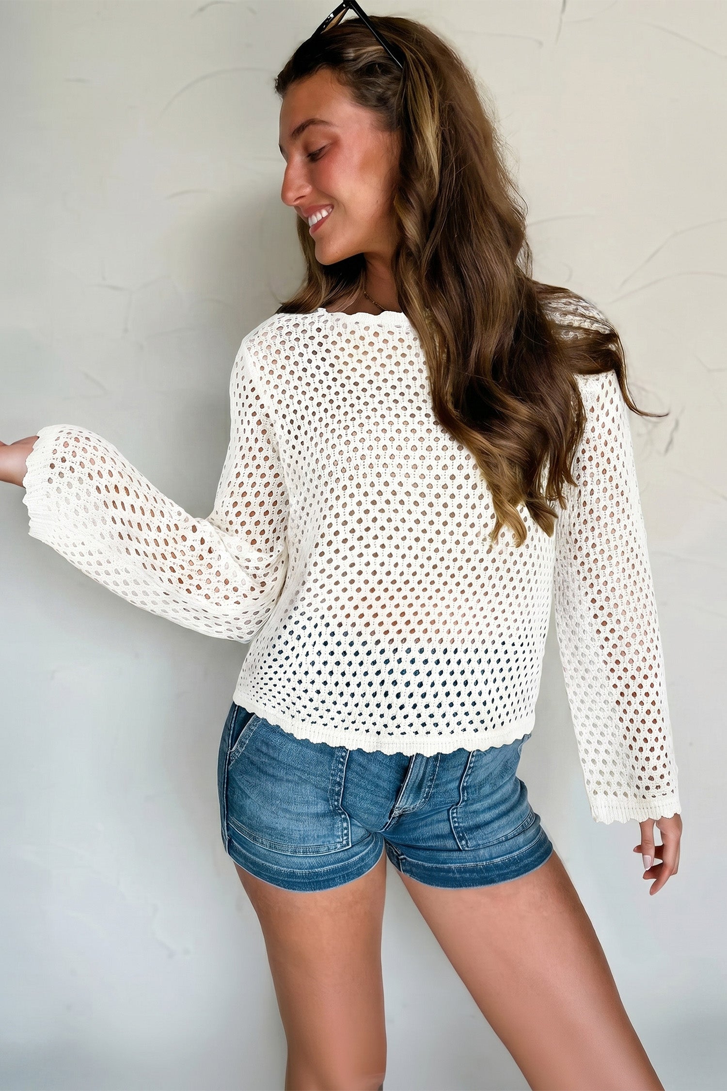 Scalloped Trim Hollow Out Knit Long Sleeve Top – Yellow Cream