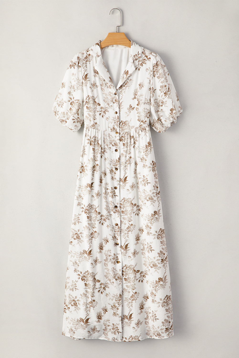 Khaki Floral Puff Sleeve V Neck Buttoned Front Maxi Dress eAura