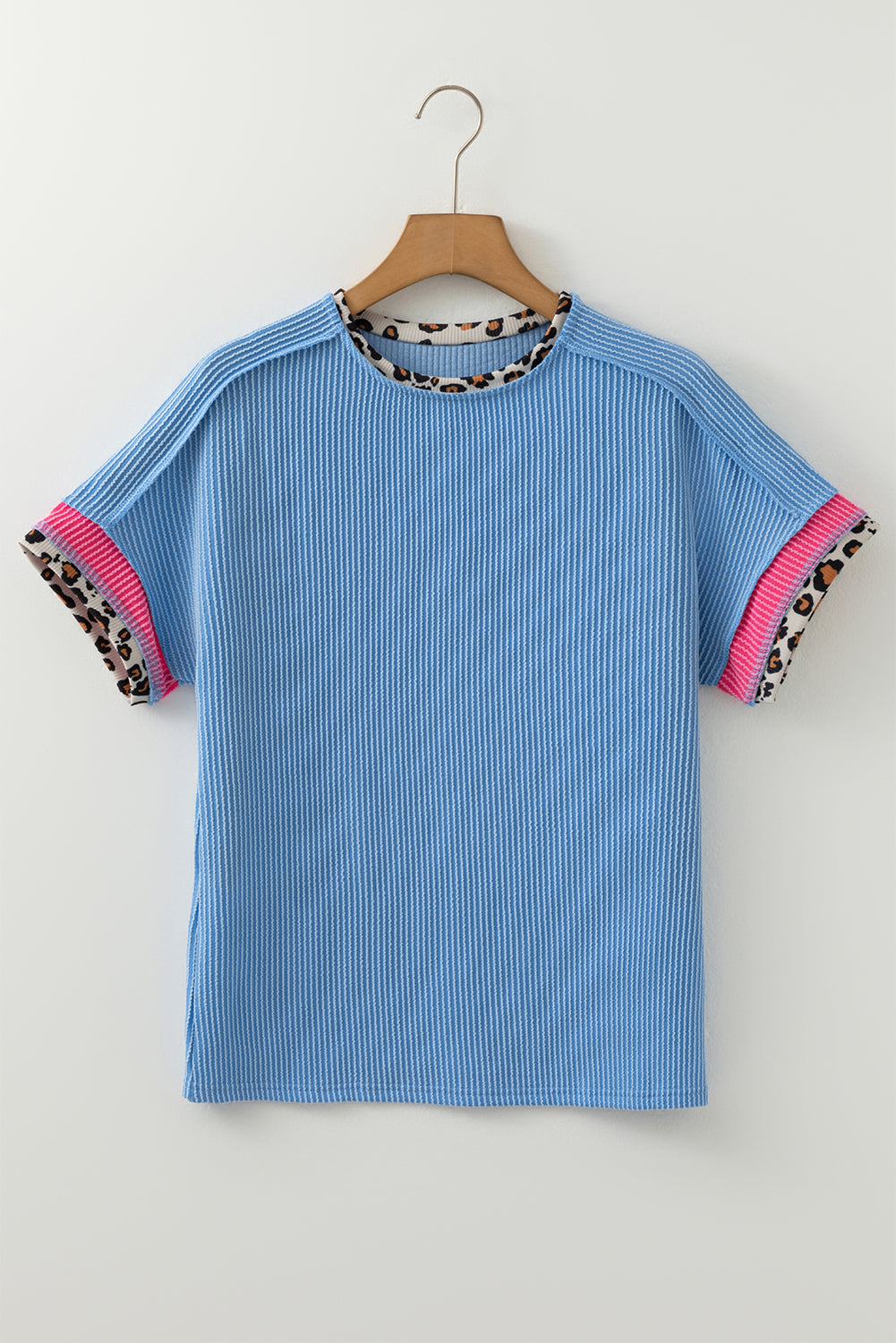 Leopard Patchwork Rib Knit Crew Neck T-Shirt eAura