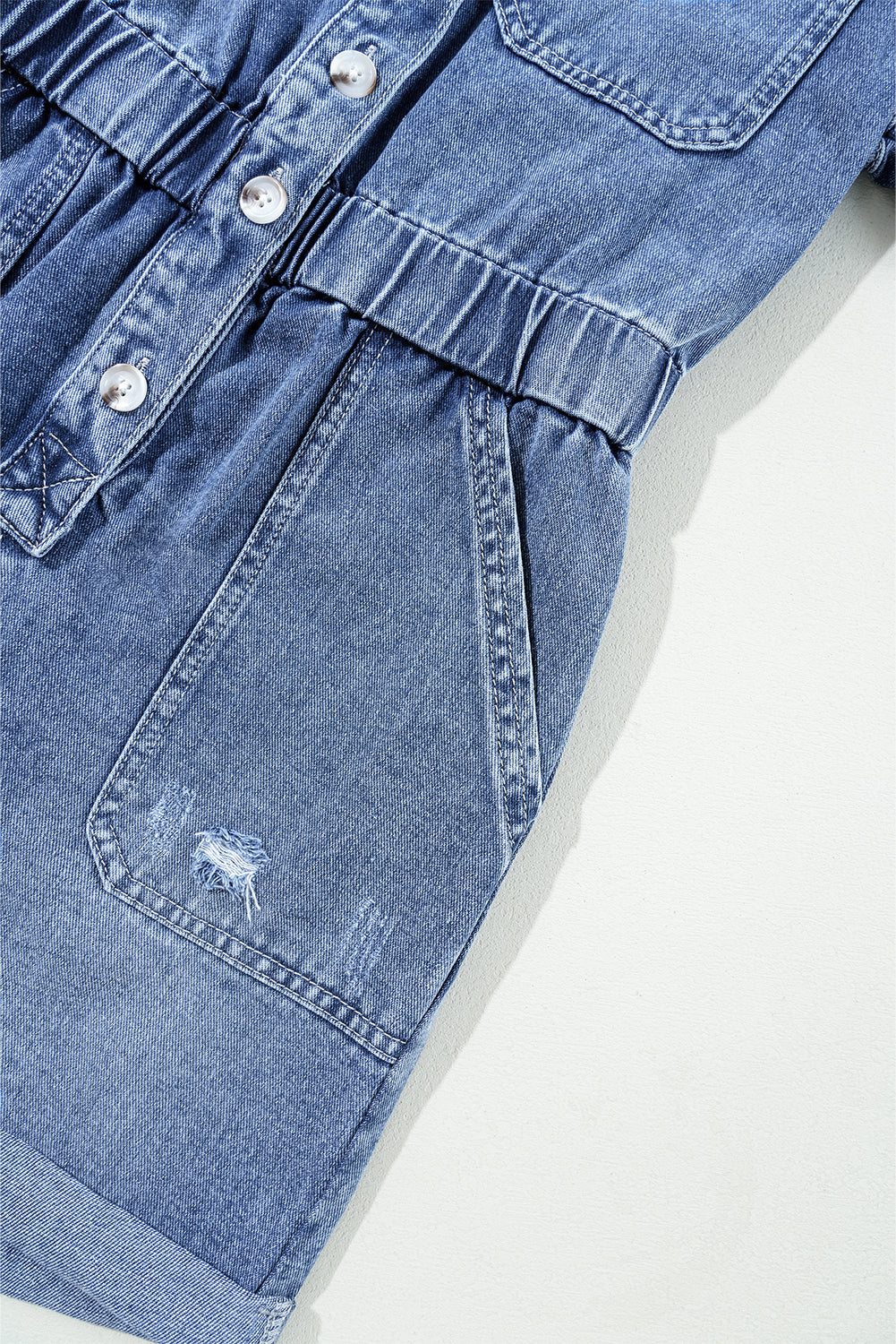 Dusk Blue Chest Pocket Front Buttoned Folded Edge Denim Short Sleeve Romper eAura