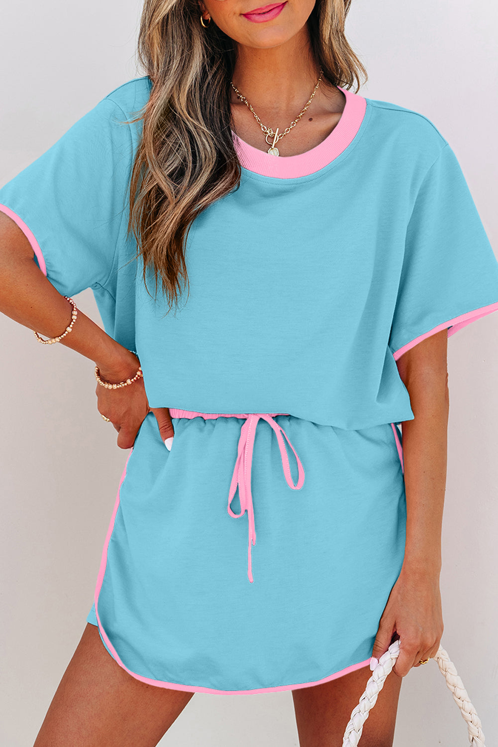 Turquoise Colourblock Edge Drop Shoulder T Shirt and Skirt Co-ord eAura