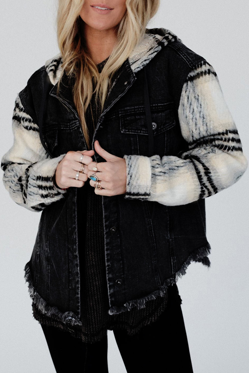 Black Plaid Sleeve Frayed Hem Hooded Denim Jacket Beagle Boutique Fashion Outlet