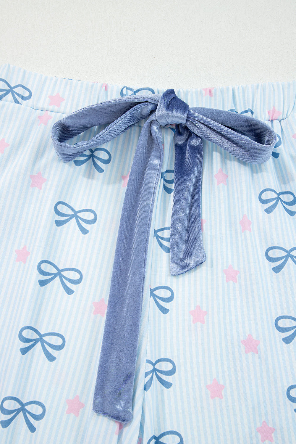 Sky Blue Stripe Bow Star Print Tied Detail 2pcs Lounge Set - eAura