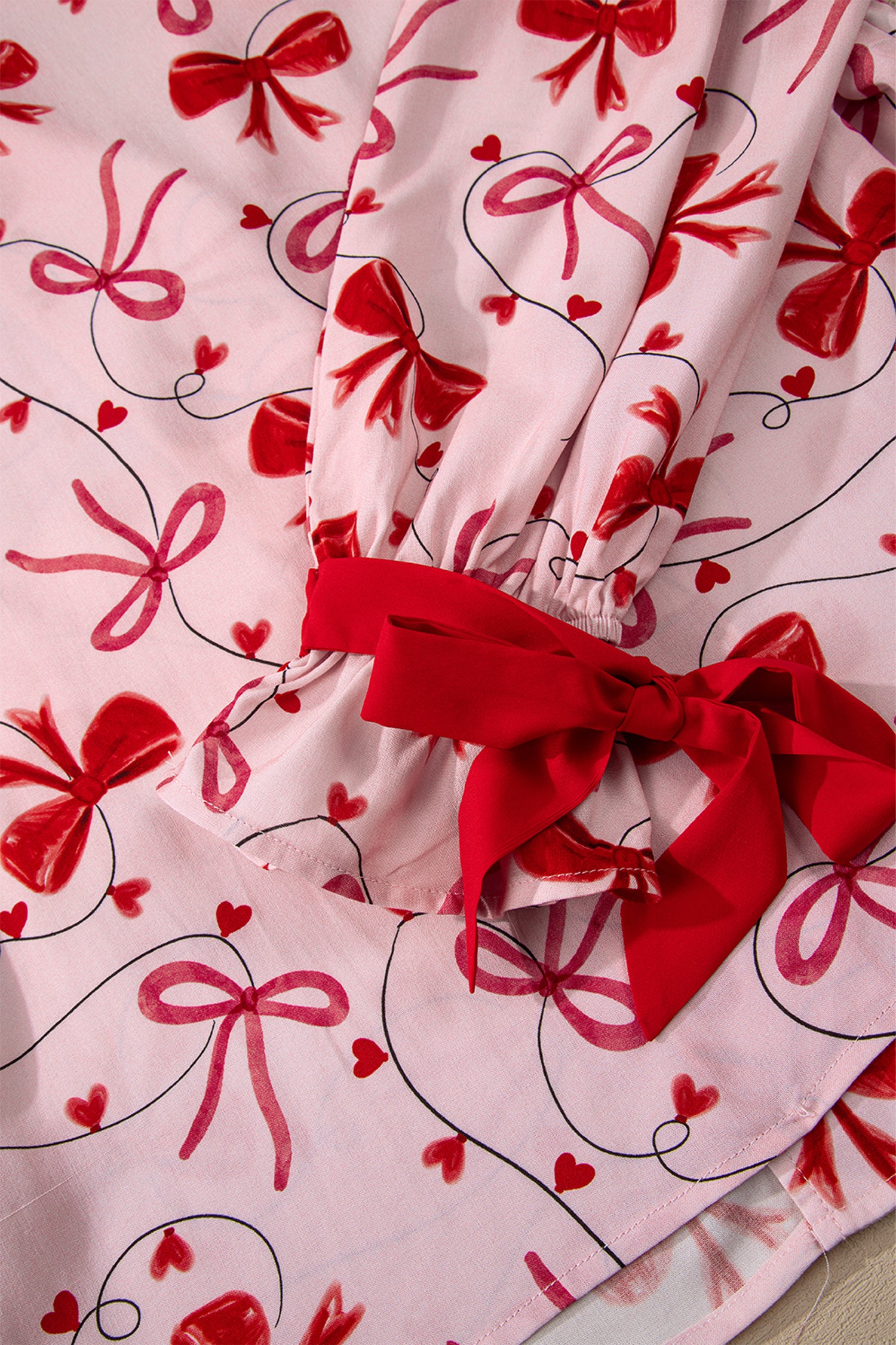 Bow Print Valentine Long Sleeve Shirt Shorts 2 Pcs Pajama Set – Red