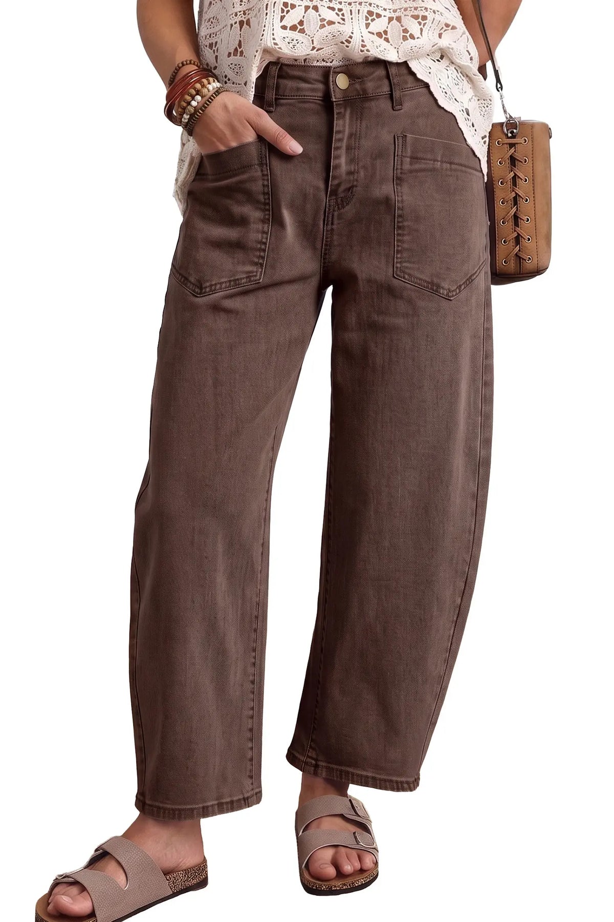 Solid Colour Square Patch Pocket Ankle-length Barrel Jeans – Beau Blue