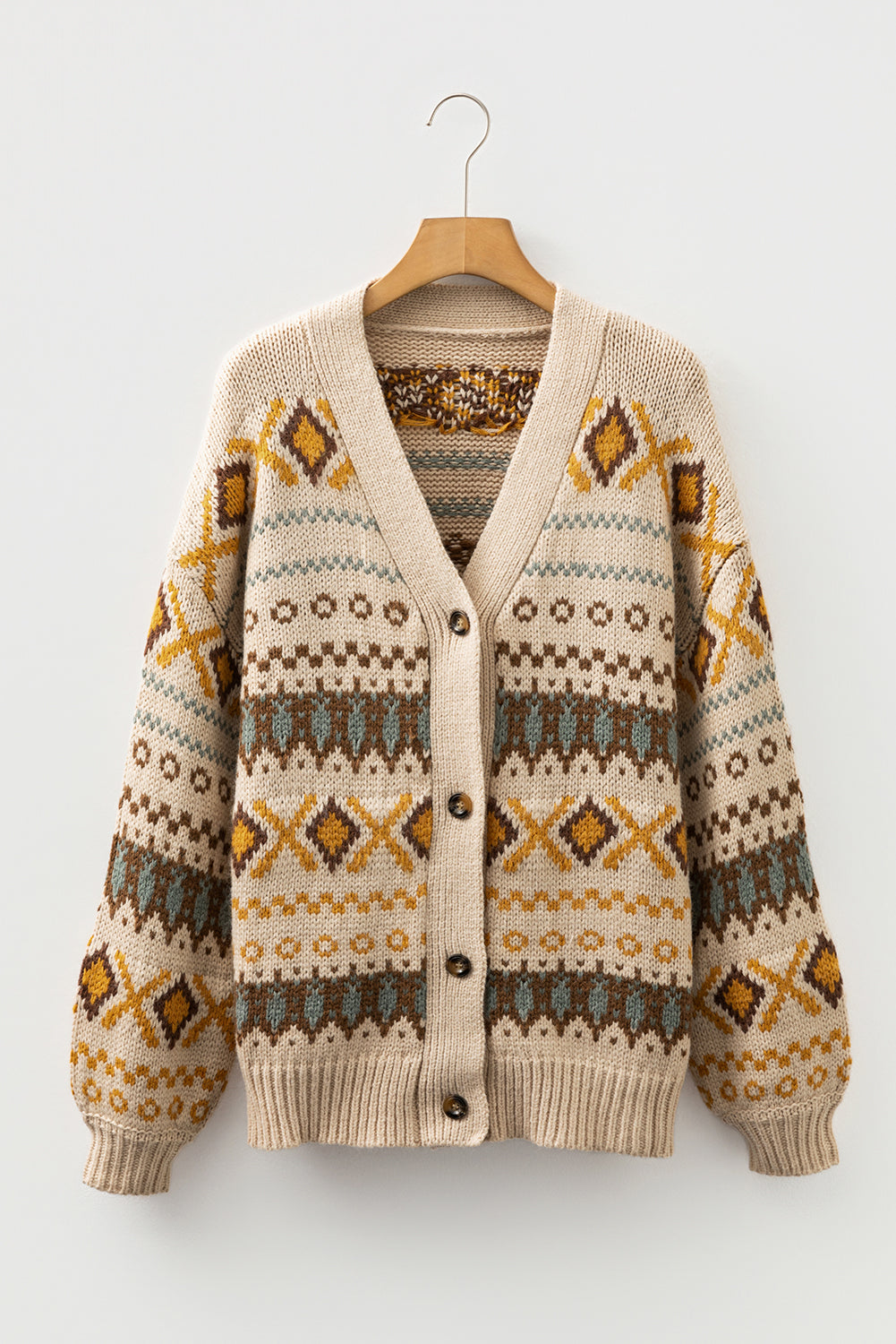 Khaki Western Pattern Knit Button V-Neck Cardigan eAura