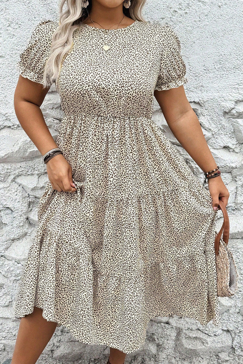 Beige Plus Size Leopard Print Frill Trim Short Sleeve Flared Dress BB Fashion Outlet