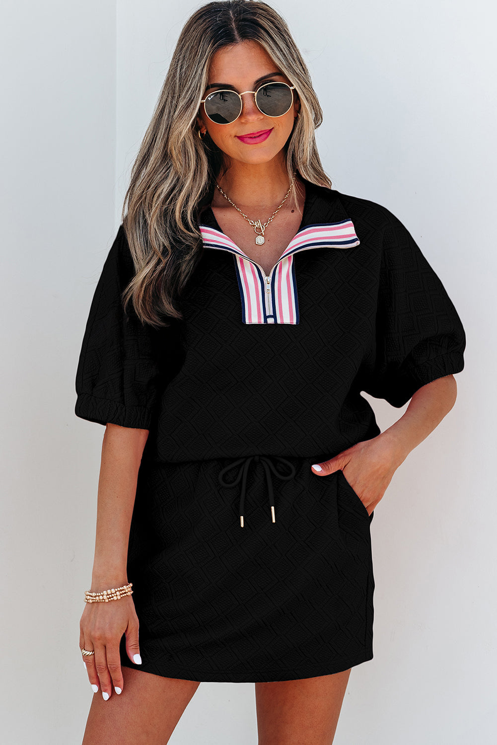 Black Striped Collared Zip up Textured Skirt Co-ord Set eAura
