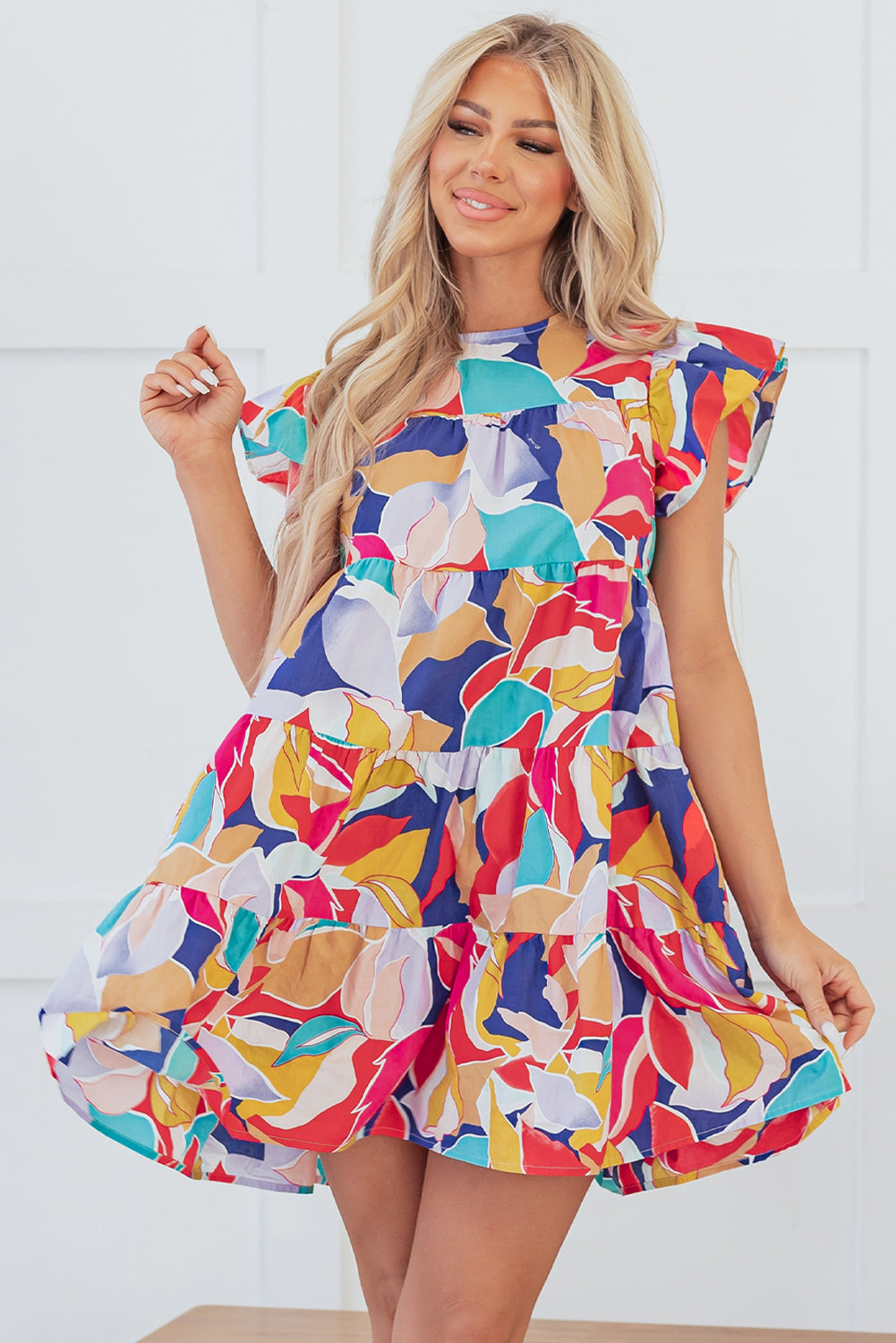 Pink Abstract Printed Ruffled Flutter Sleeve Tiered Mini Dress eAura
