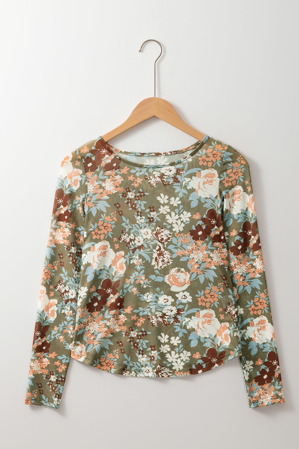 Green Floral Print Mesh Fitted Long Sleeve Top eAura
