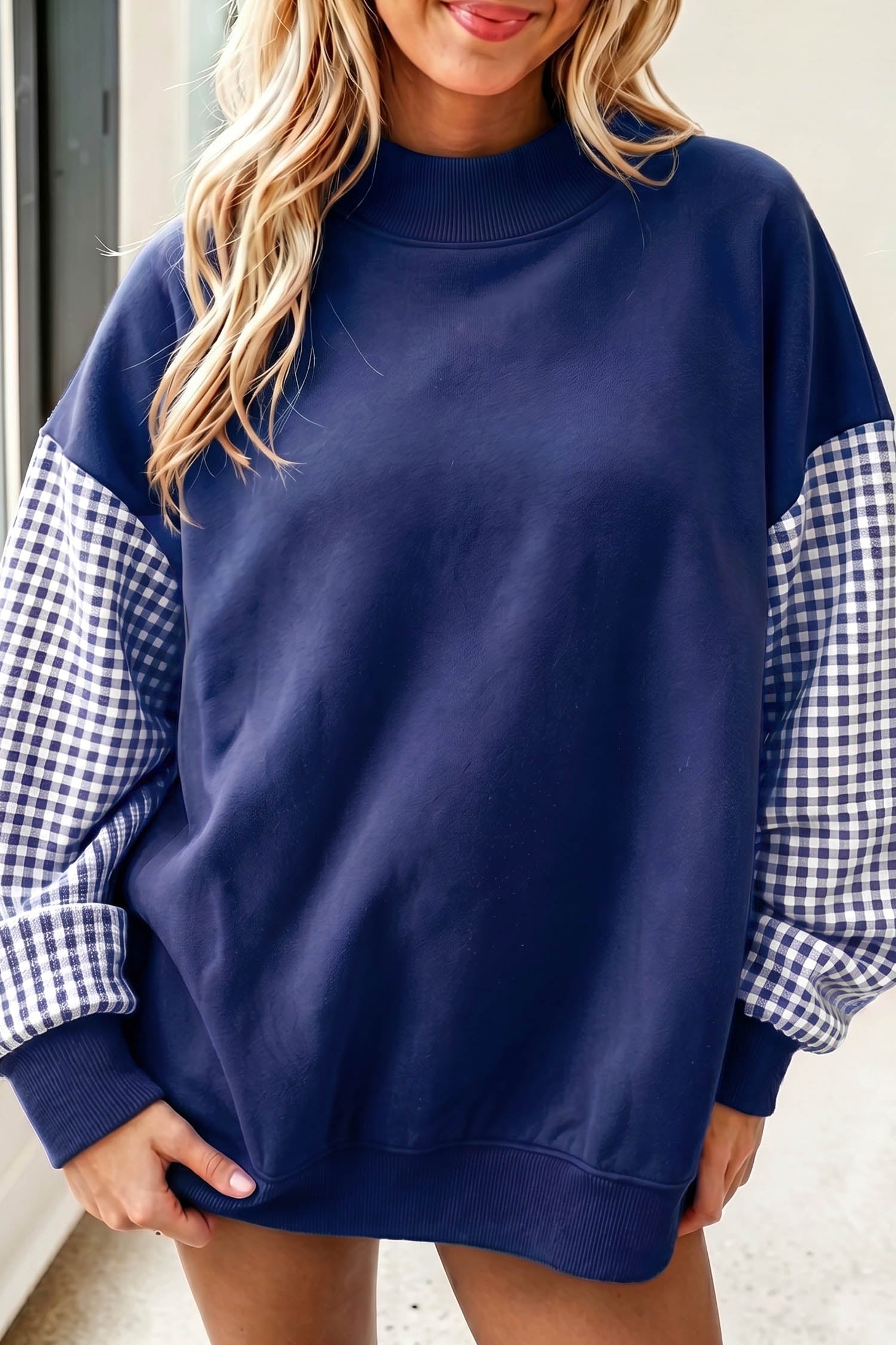 Plaid Sleeve Colorblock Loose Tunic Sweatshirt – Fiery Red