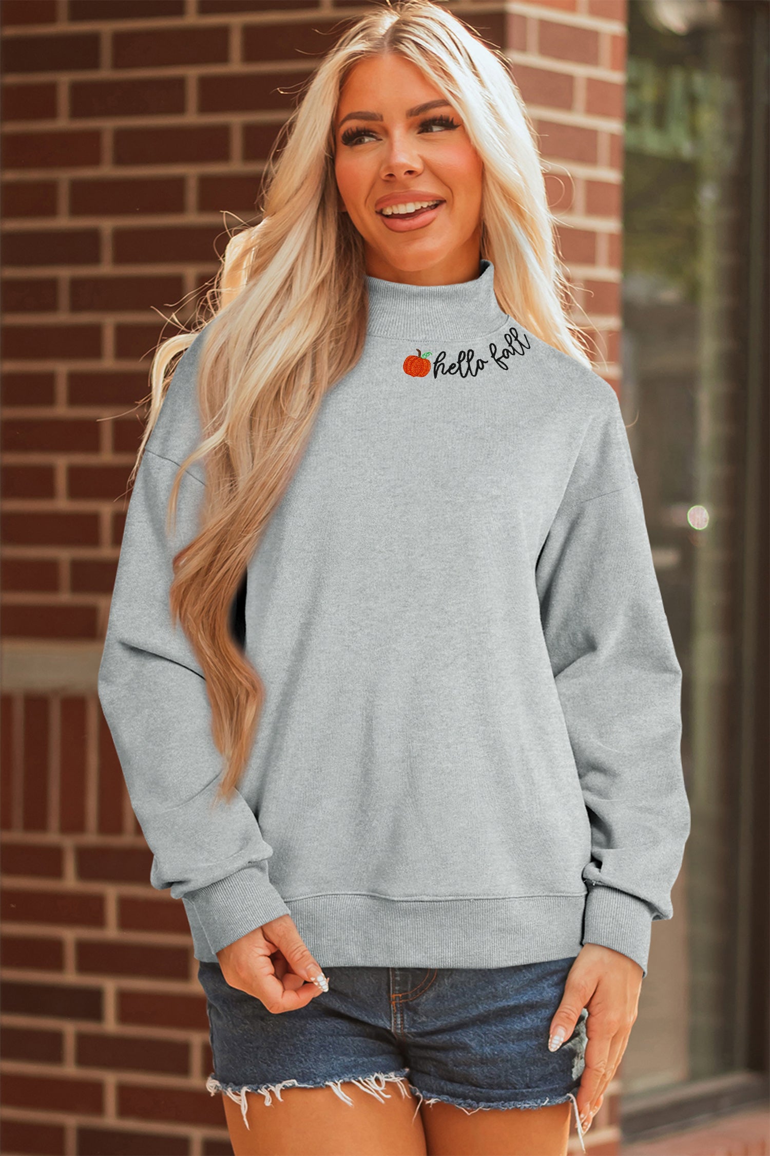 hello fall Embroidered Pumpkin Detail Mock Neck Sweatshirt – Gray