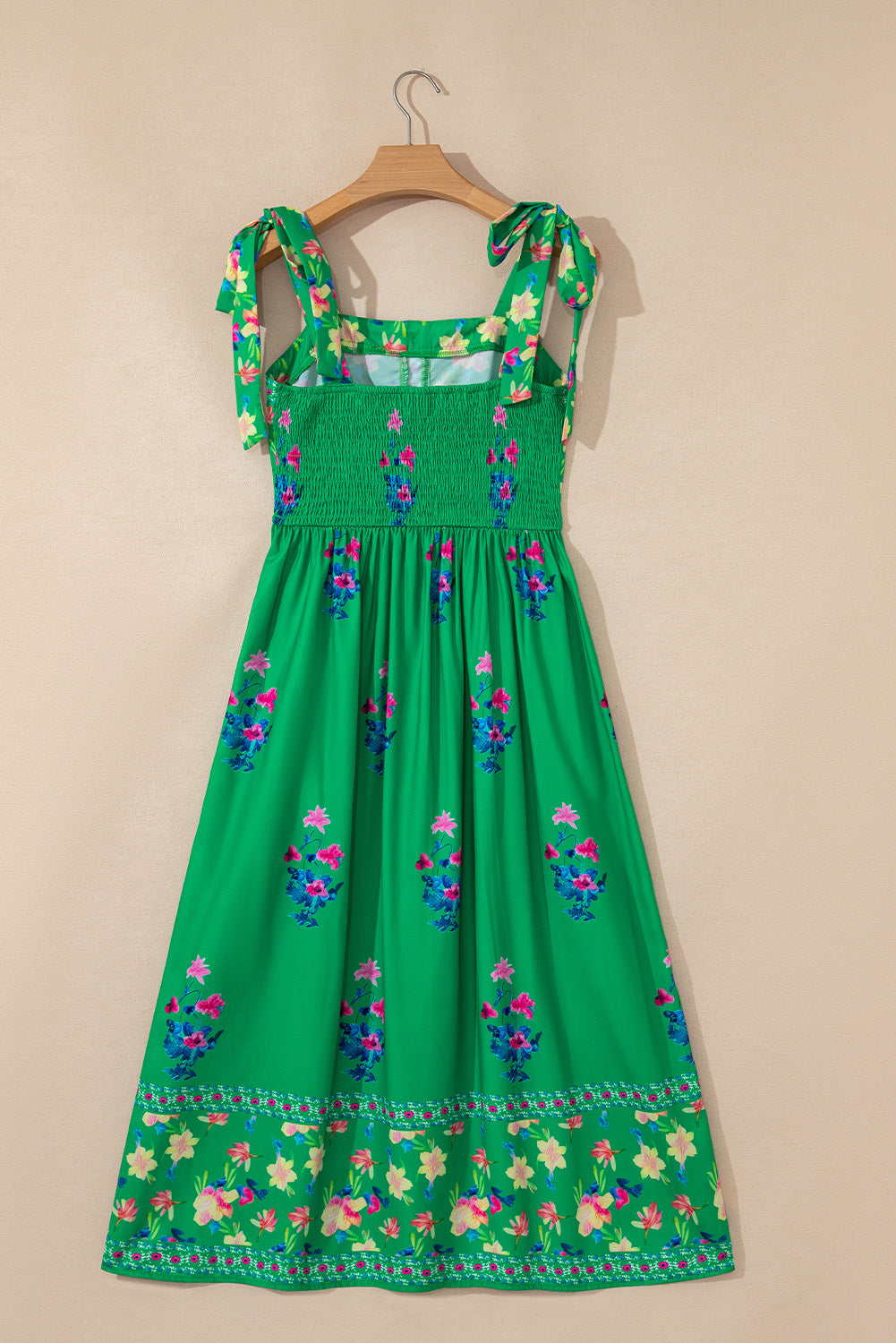 Green Floral Print Contrast Trim Knotted Straps Midi Dress eAura