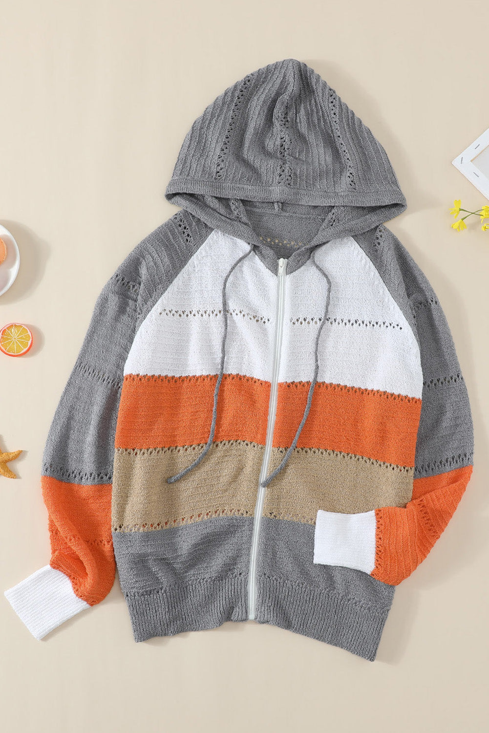 MultiColour Zipped Front Colourblock Hollow-out Knit Hoodie eAura
