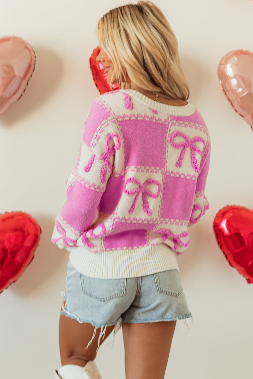 Pink Bow Knot Two Tone Checkered Crew Neck Sweater eAura