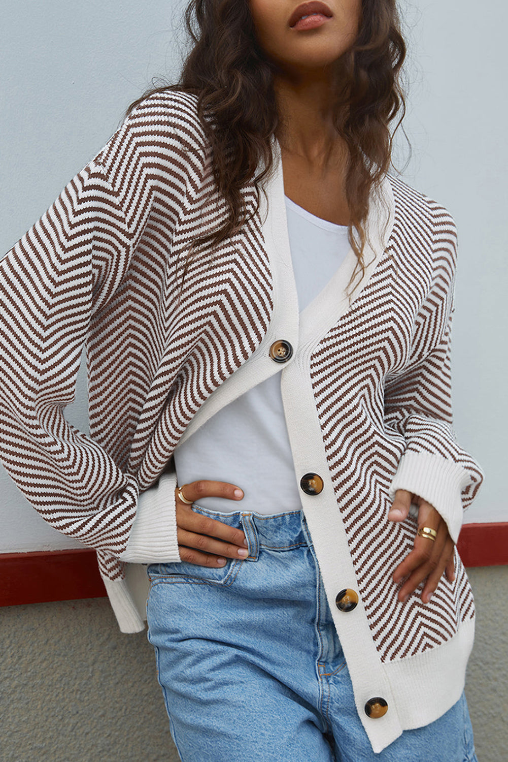 Brown Stripe Buttoned Front V Neck Herringbone Cardigan Dear-Lover Dropshipping