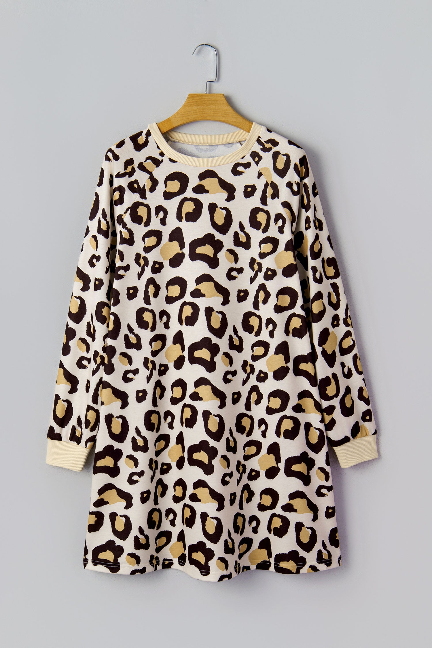 Khaki Leopard Long Sleeve Shift T-Shirt Dress with Pockets