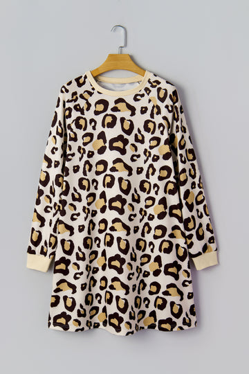 Khaki Leopard Long Sleeve Shift T-Shirt Dress with Pockets