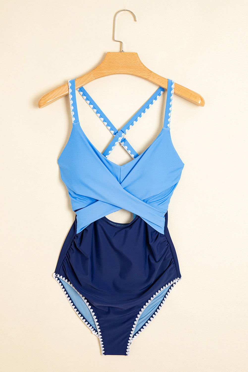 Beau Blue Ric Rac Trim Contrasted Patchwork Cutout One Piece Swimsuit - eAura