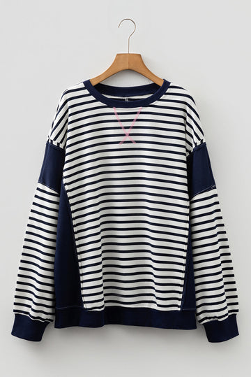 Striped Contrast Stitched Detail Plus Size Sweatshirt - eAura