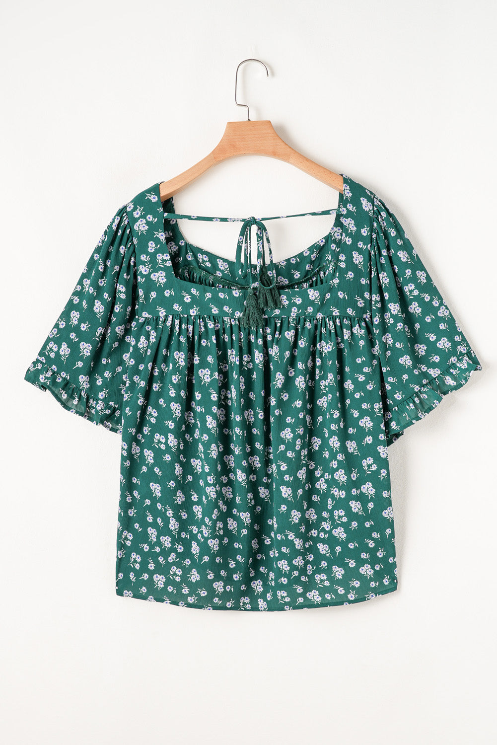 Green Floral Print Square Neck Ruffled Trim Plus Size Blouse BB Fashion Outlet