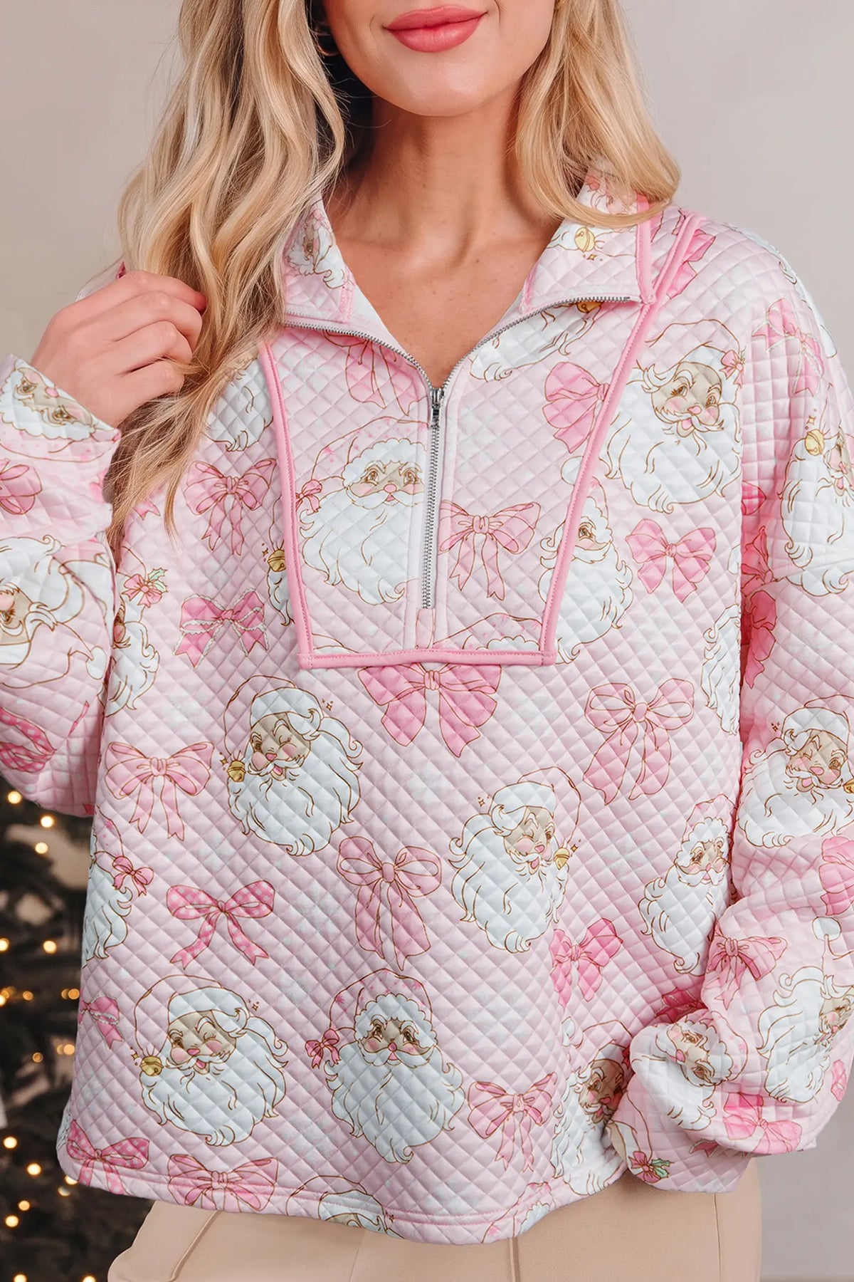 Long Sleeve Sweatshirt with Zip-Up Collar and Christmas Print