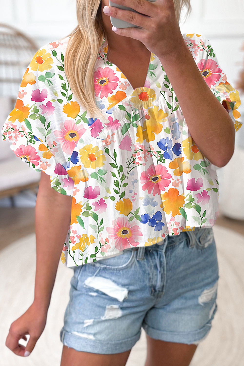 Yellow Floral Boxy Fit Ruffled Short Sleeve V Neck Blouse eAura