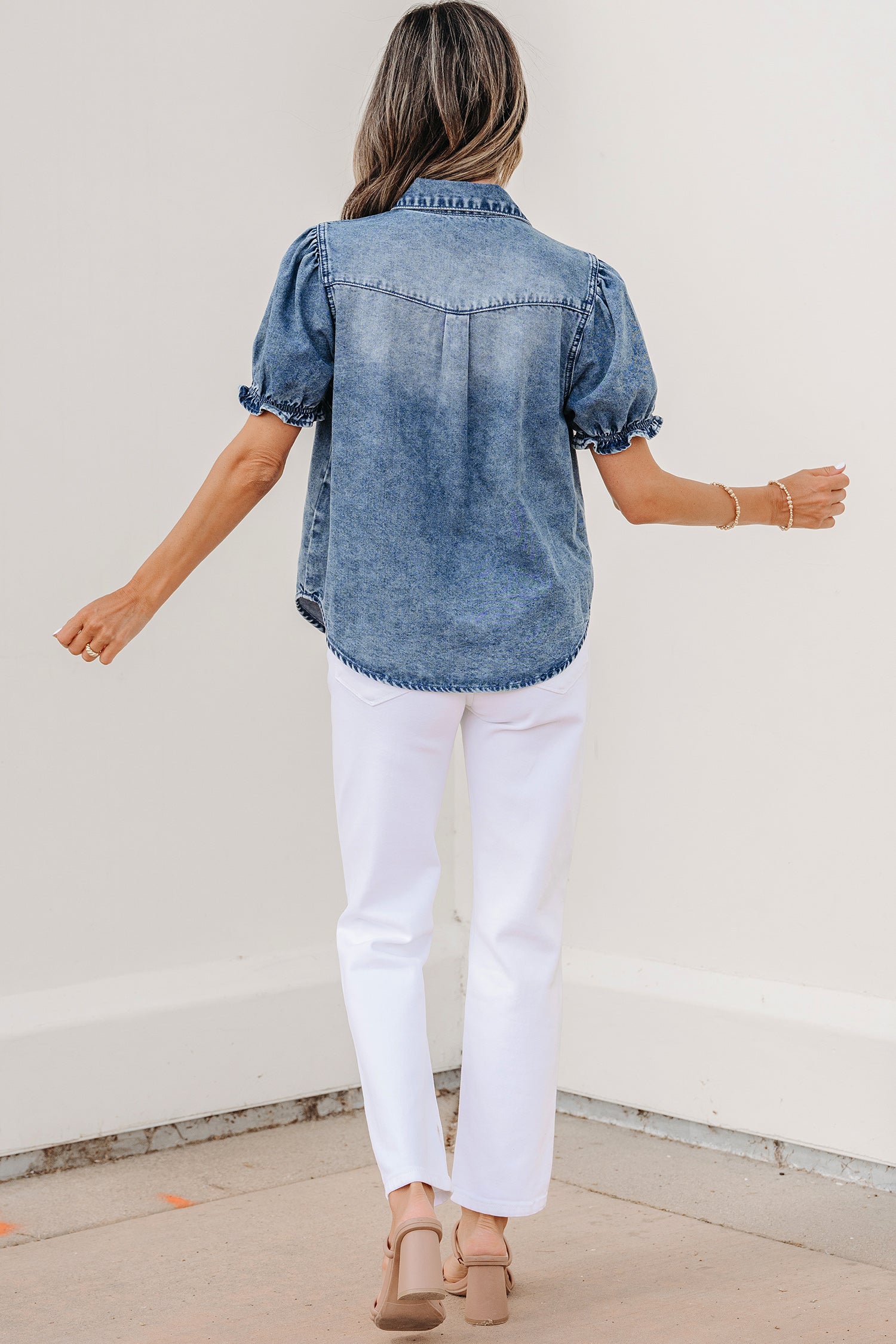 Frilled Short Sleeve Snap Button Denim Shirt