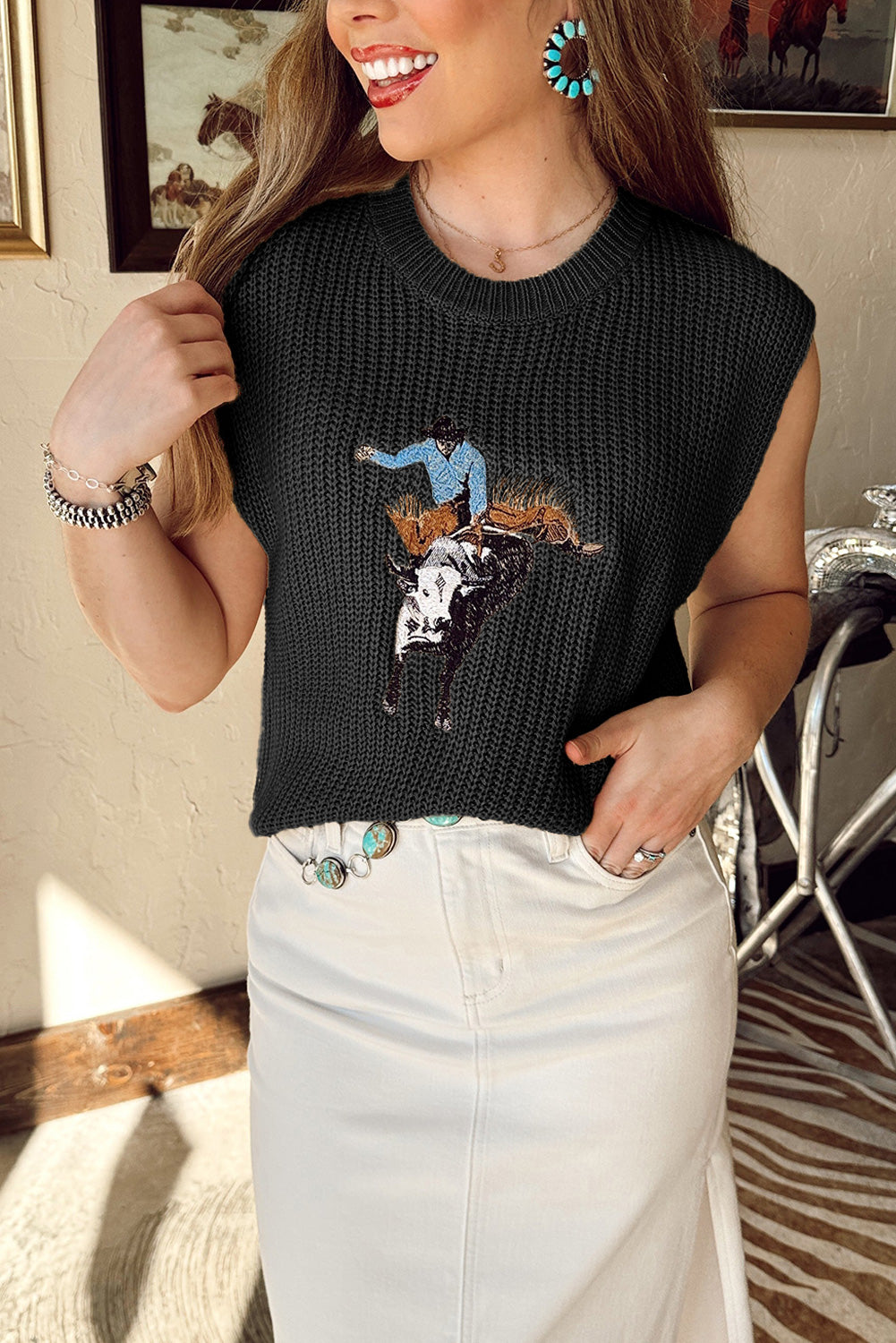 Western Cowboy Embroidery Round Neck Sleeveless Sweater