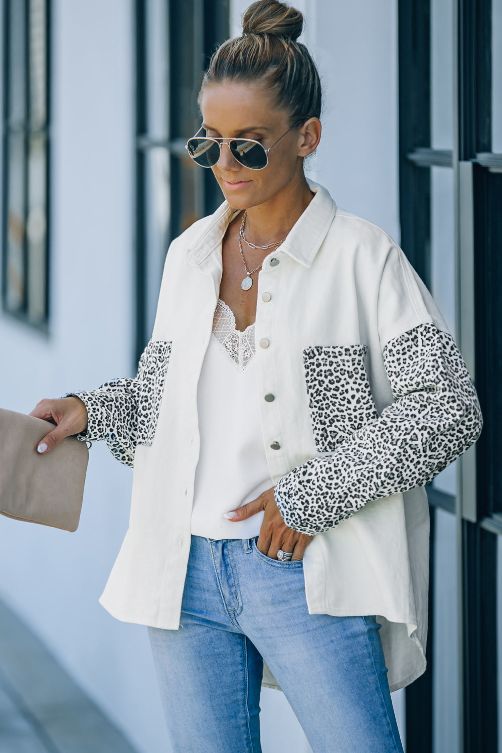White Contrast Leopard Denim Jacket eAura