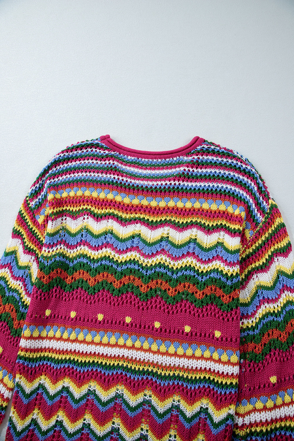 Rose Red Colourblock Striped Hollowed Knit Loose Sleeve Sweater eAura