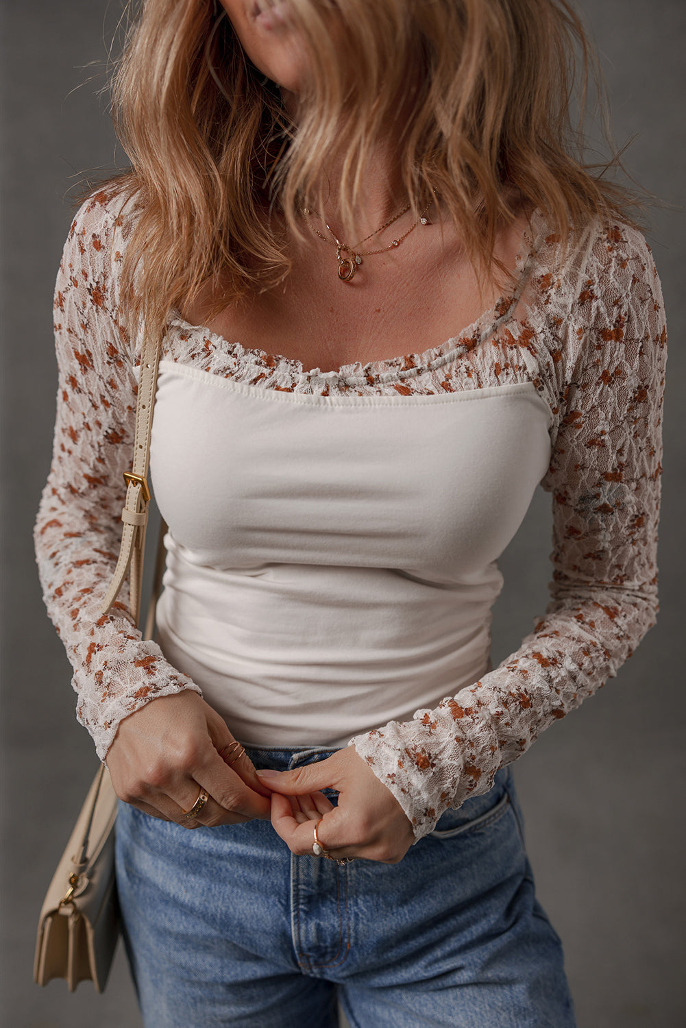 Floral Lace Patchwork Square Neck Long Sleeve Top - eAura