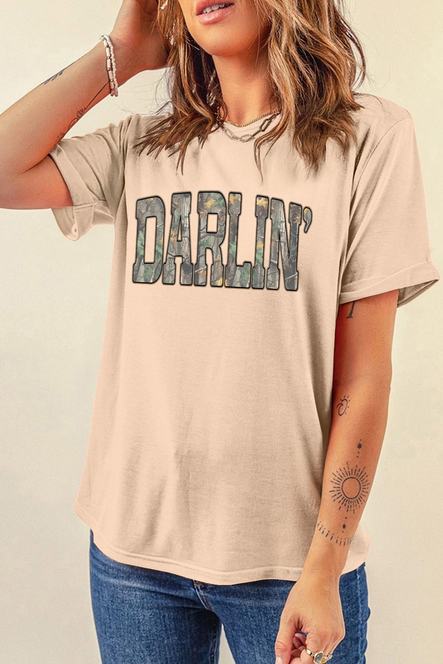 DARLIN Camo Letter Print Crewneck T Shirt – Khaki