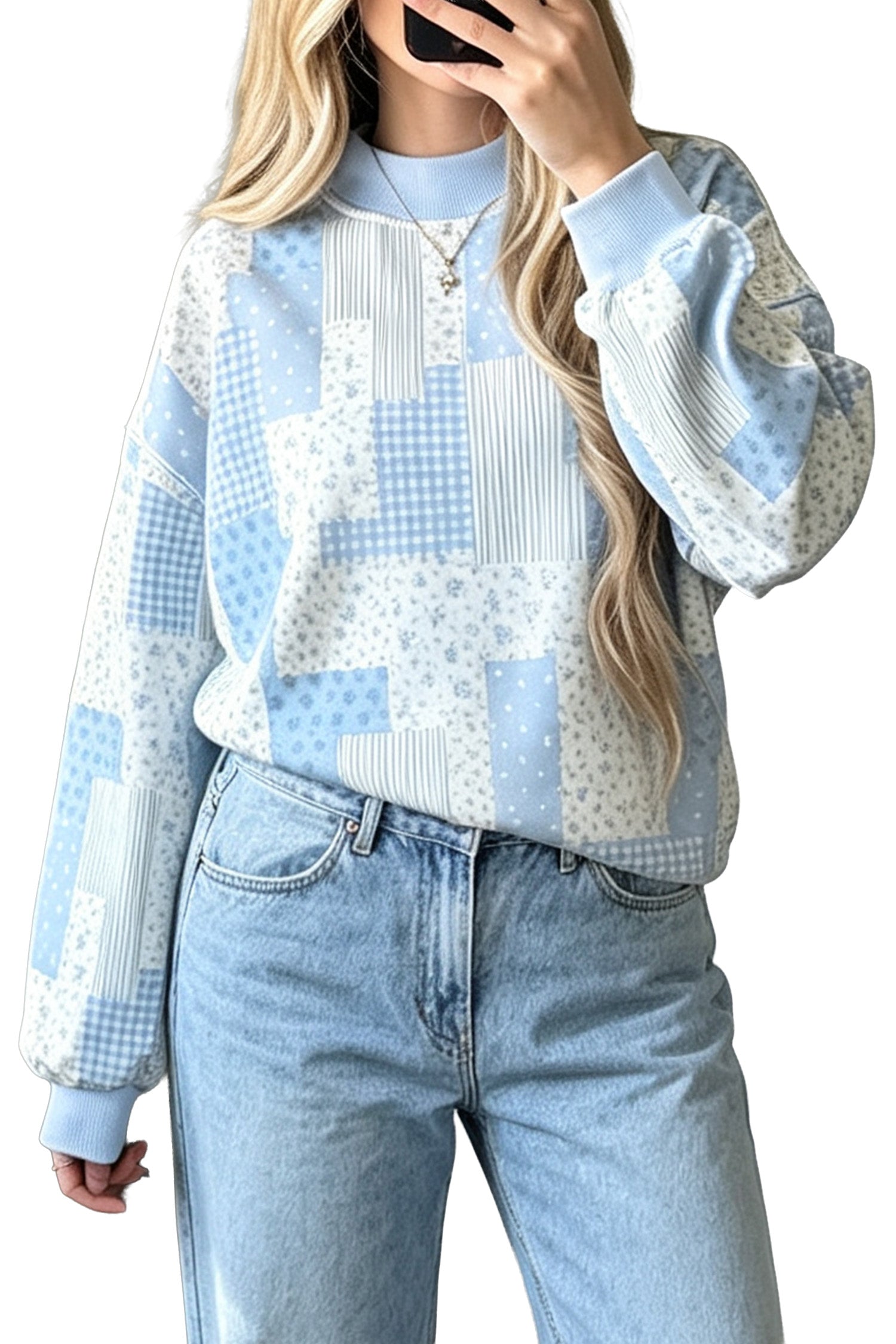 Patchwork Floral Print Mock Neck Long Sleeve Sweatshirt – Sky Blue