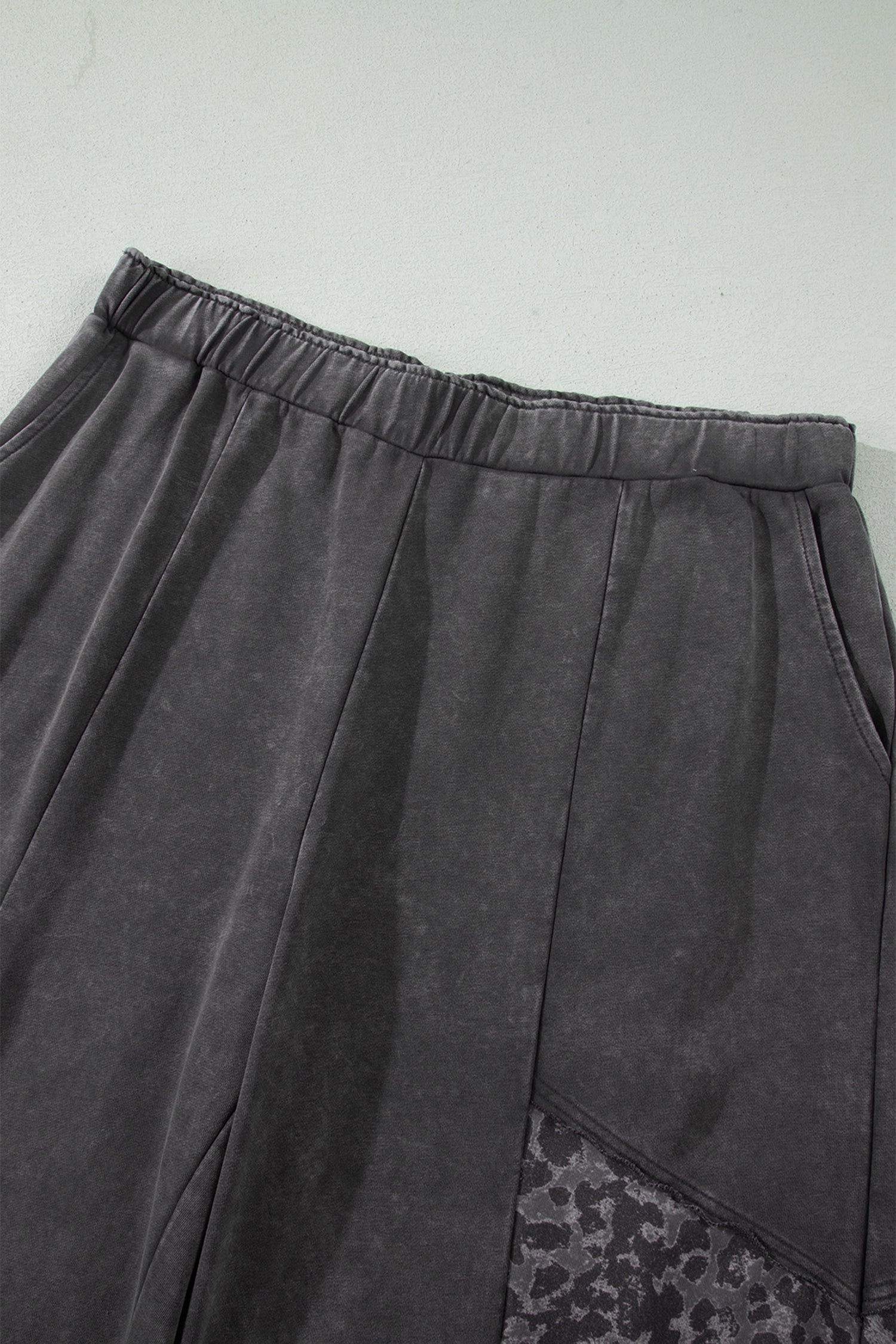 Plus Size Leopard Patchwork Mineral Wash Wide Leg Pants – Dark Grey