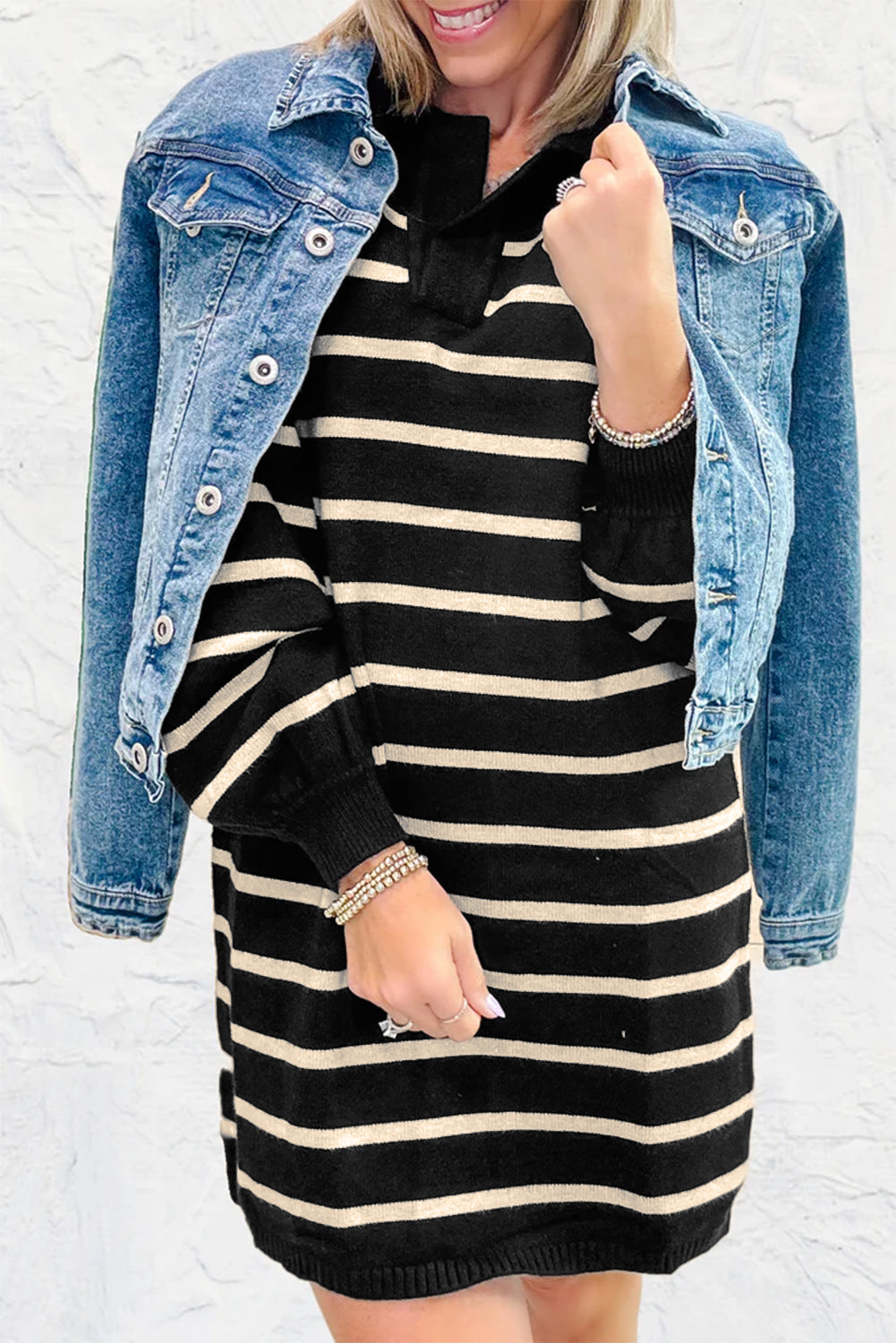 Striped Polo Collar Puff Sleeve Sweater Mini Dress eAura
