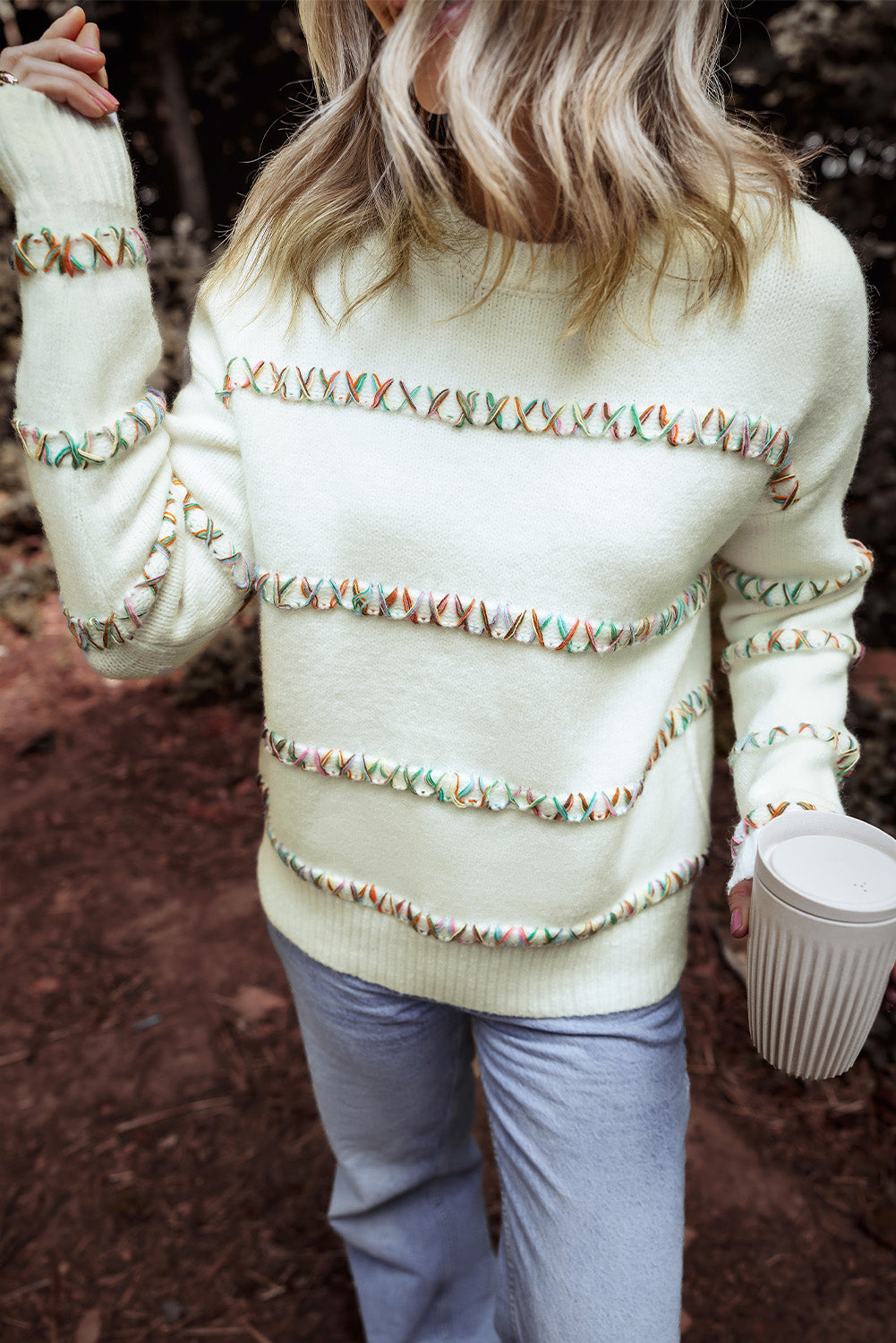 White Colourful Crossed Stitch Drop Shoulder Sweater eAura