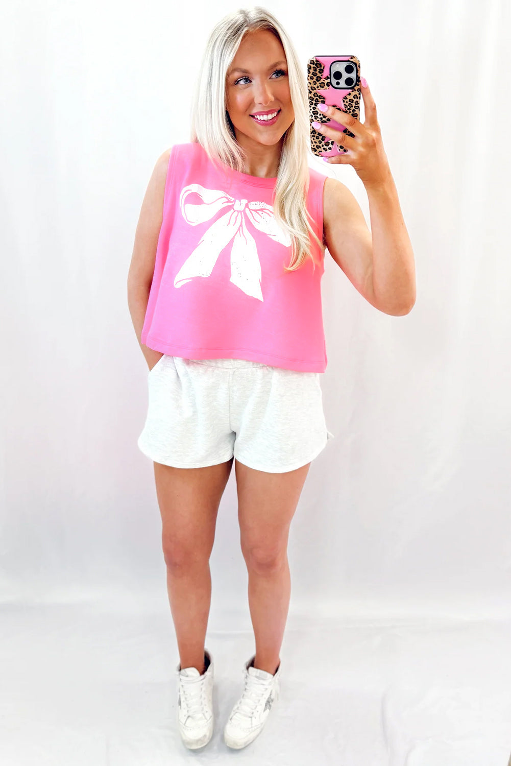 Sachet Pink Bow Print Boxy Fit Tank Top eAura