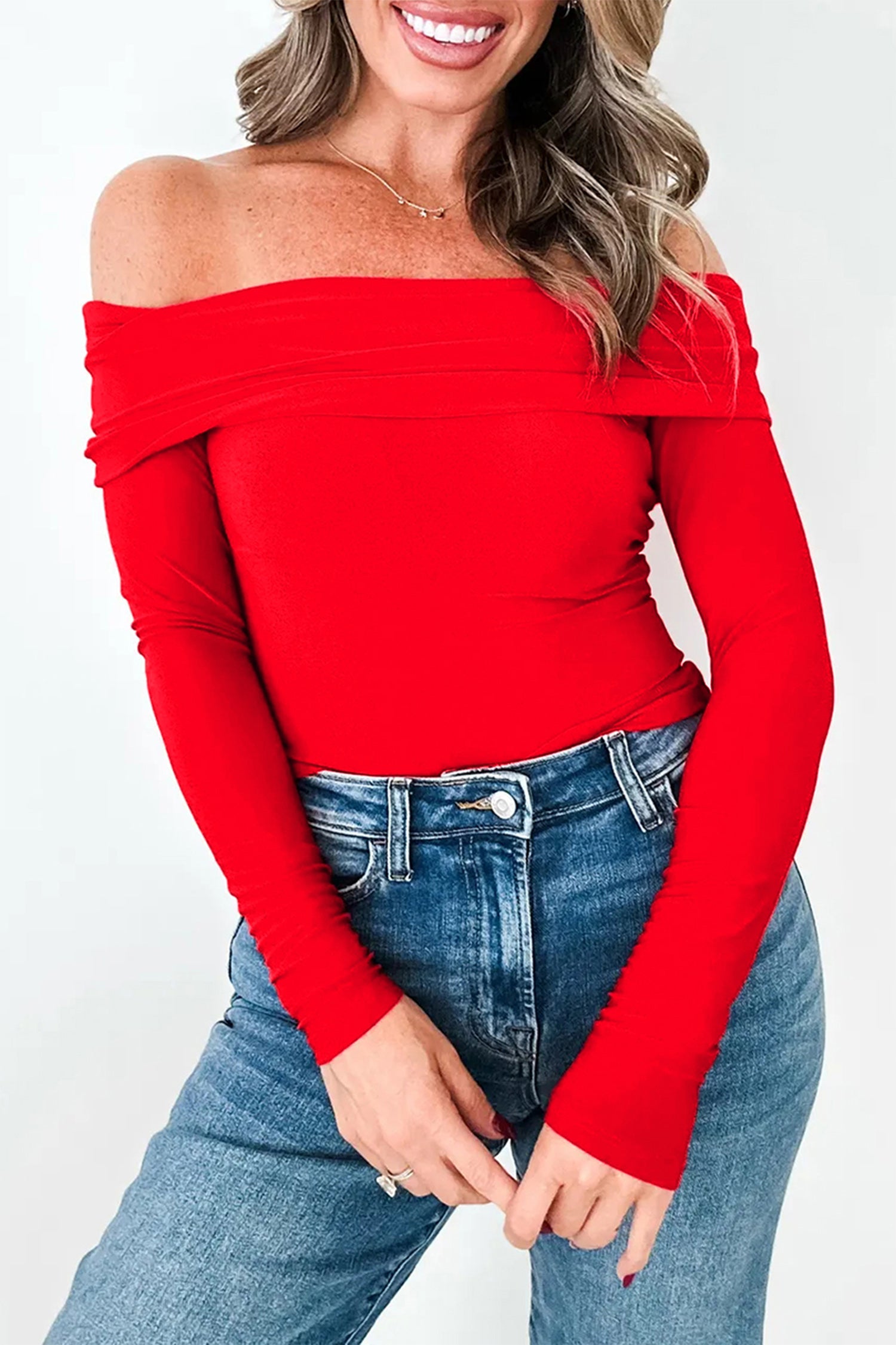 Foldover Off The Shoulder Long Sleeve Slim Top - eAura