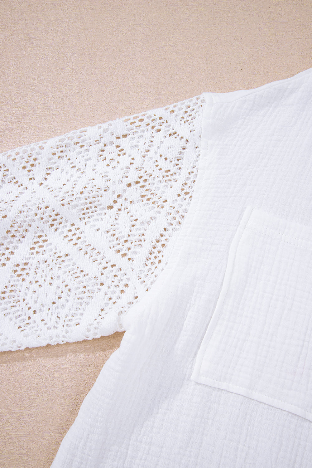 White Cotton Gauze Lace Patchwork Long Sleeve Shirt - eAura