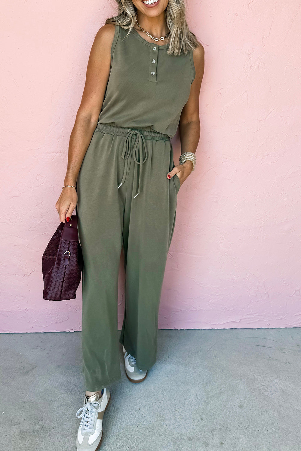 Vineyard Green Buttoned Drawstring Waist Sleeveless Wide Leg Jumpsuit eAura