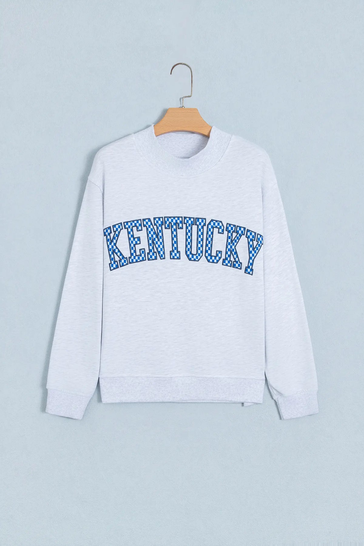 High Neck Embroidered Checkered Letter Game Day Sweatshirt – Light Grey