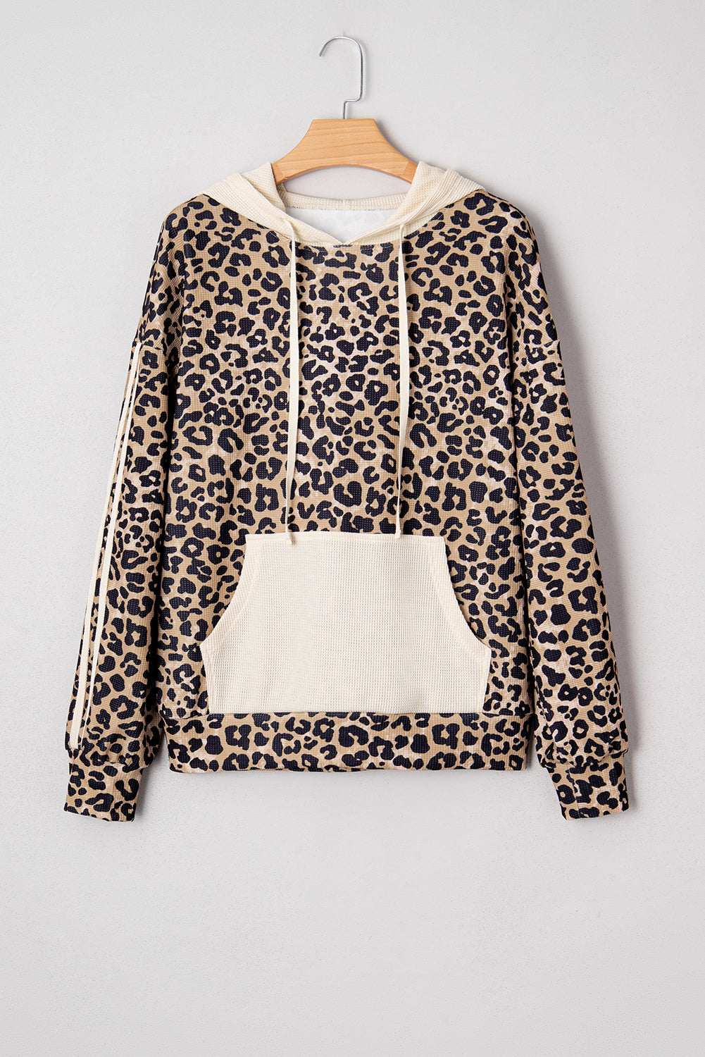 Leopard Print Waffle Contrast Kangaroo Pocket Hooded Sweatshirt - eAura